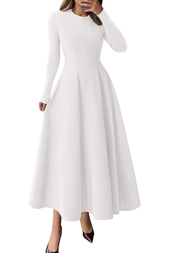 Women's Fall Long Sleeve Midi Dress Casual Elegant Ruffle Flowy A Line Swing Cocktail Party Dresse