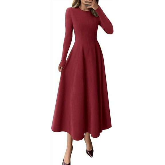 PRETTYGARDEN Women's Fall Long Sleeve Midi Dress Casual Elegant Ruffle Flowy A Line Swing Cocktail Party Dresse