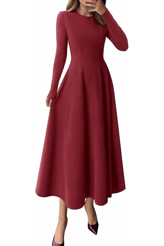 Women's Fall Long Sleeve Midi Dress Casual Elegant Ruffle Flowy A Line Swing Cocktail Party Dresse