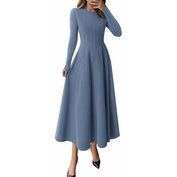 PRETTYGARDEN Women's Fall Long Sleeve Midi Dress Casual Elegant Ruffle Flowy A Line Swing Cocktail Party Dresse