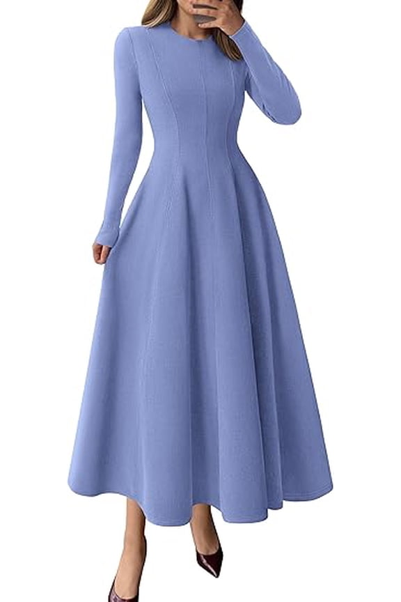 Women's Fall Long Sleeve Midi Dress Casual Elegant Ruffle Flowy A Line Swing Cocktail Party Dresse