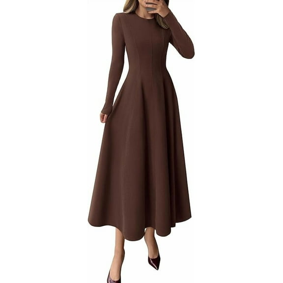 PRETTYGARDEN Women's Fall Long Sleeve Midi Dress Casual Elegant Ruffle Flowy A Line Swing Cocktail Party Dresse