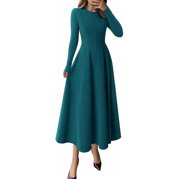 PRETTYGARDEN Women's Fall Long Sleeve Midi Dress Casual Elegant Ruffle Flowy A Line Swing Cocktail Party Dresse