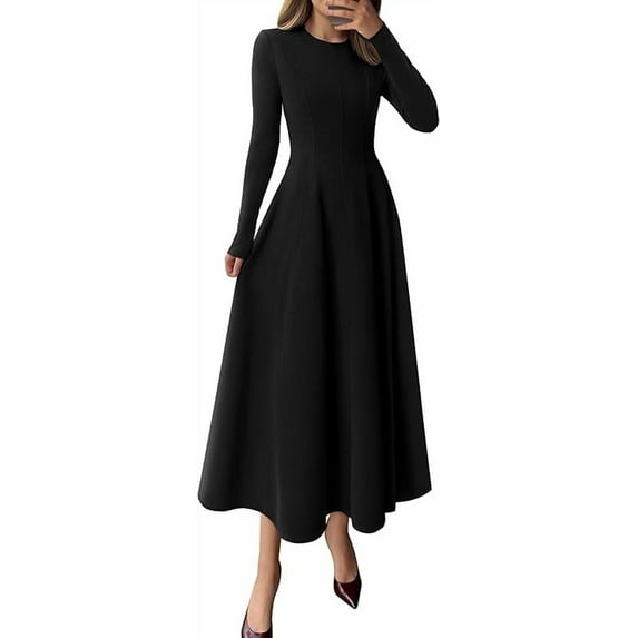 PRETTYGARDEN Women's Fall Long Sleeve Midi Dress Casual Elegant Ruffle Flowy A Line Swing Cocktail Party Dresse