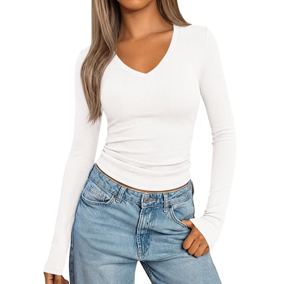 PRETTYGARDEN Long Sleeve Shirts for Women Fall V Neck Basic Tee Casual Fitted Ribbed Going Out Tops Kint Y2K Clothes
