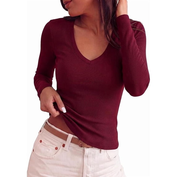 PRETTYGARDEN Womens Long Sleeve Ribbed V Neck Knit Shirts | Soft Stretch Slim Fitted Lightweight Basic Tees, Y2K Going Out Tops, Fall Fashion Everyday Wear, Winter Layering Clothes