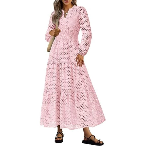 PRETTYGARDEN Women's Fall Maxi Dress Long Sleeve V Neck Eyelet Hollow Out A Line Long Flowy Wedding Guest Dresses