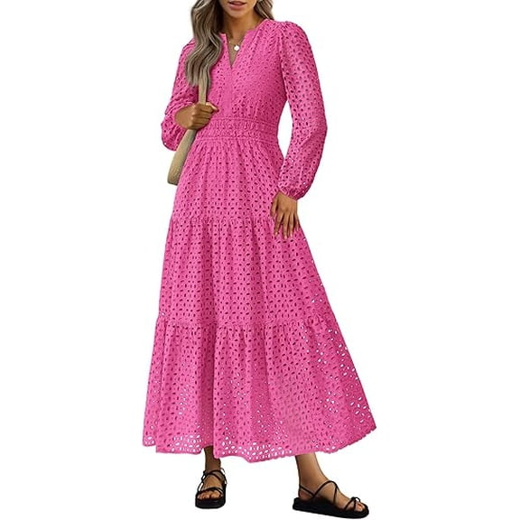 PRETTYGARDEN Women's Fall Maxi Dress Long Sleeve V Neck Eyelet Hollow Out A Line Long Flowy Wedding Guest Dresses