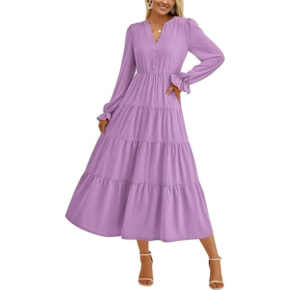 PRETTYGARDEN Women's Fall Maxi Dress Long Sleeve V Neck Tiered A Line Ruffle Elegant Flowy Spring Cocktail Party Dresses