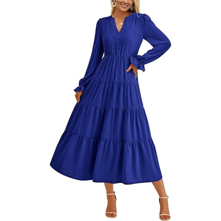 PRETTYGARDEN Women's Fall Maxi Dress Long Sleeve V Neck Tiered A Line Ruffle Elegant Flowy Spring Cocktail Party Dresses