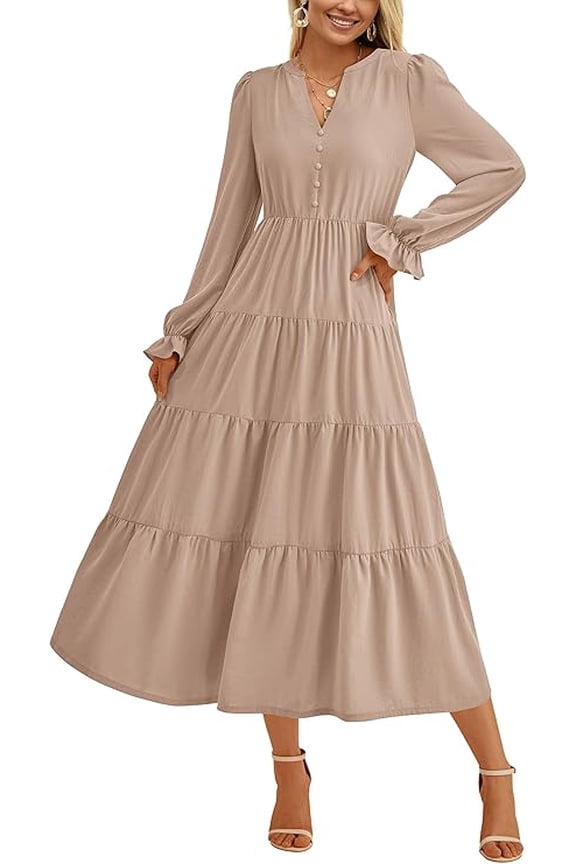 Women's Fall Maxi Dress Long Sleeve V Neck Tiered A Line Ruffle Elegant Flowy Spring Cocktail Party Dresses