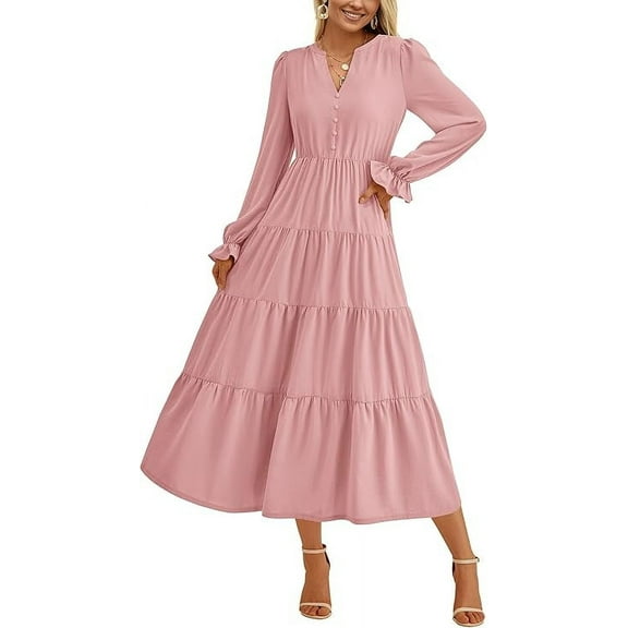 PRETTYGARDEN Women's Fall Maxi Dress Long Sleeve V Neck Tiered A Line Ruffle Elegant Flowy Spring Cocktail Party Dresses