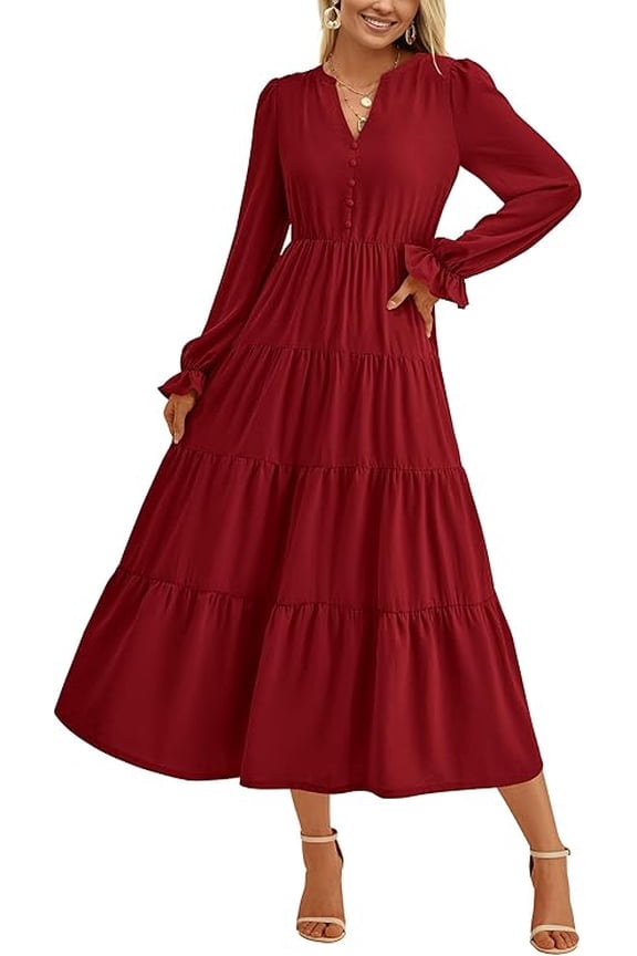 Women's Fall Maxi Dress Long Sleeve V Neck Tiered A Line Ruffle Elegant Flowy Spring Cocktail Party Dresses