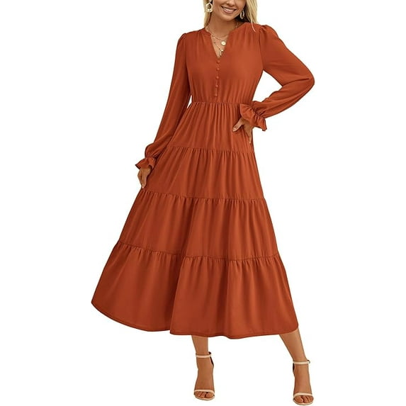 PRETTYGARDEN Women's Fall Maxi Dress Long Sleeve V Neck Tiered A Line Ruffle Elegant Flowy Spring Cocktail Party Dresses