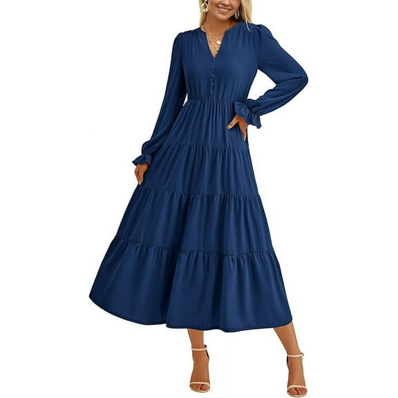PRETTYGARDEN Women's Fall Maxi Dress Long Sleeve V Neck Tiered A Line Ruffle Elegant Flowy Spring Cocktail Party Dresses