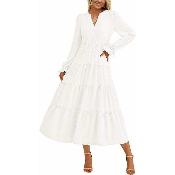 PRETTYGARDEN Women's Fall Maxi Dress Long Sleeve V Neck Tiered A Line Ruffle Elegant Flowy Spring Cocktail Party Dresses