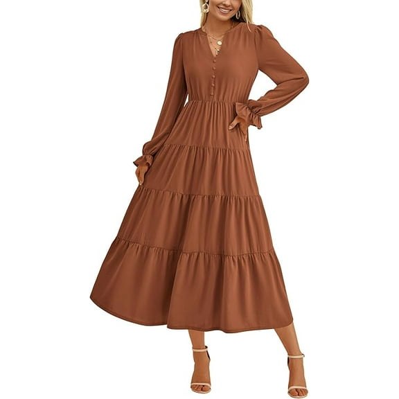 PRETTYGARDEN Women's Fall Maxi Dress Long Sleeve V Neck Tiered A Line Ruffle Elegant Flowy Spring Cocktail Party Dresses