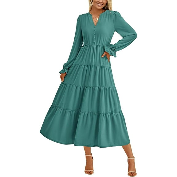 PRETTYGARDEN Women's Fall Maxi Dress Long Sleeve V Neck Tiered A Line Ruffle Elegant Flowy Spring Cocktail Party Dresses