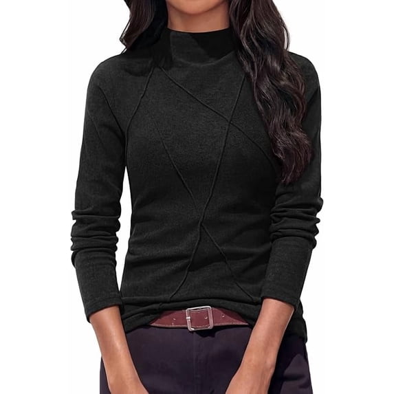 PRETTYGARDEN Women's Fall Mock Neck Long Sleeve Shirts | Soft Stretchy Knit,Geometric Seam Stitching,Slim Fitted Basic Tees,Thermal Casual Wear,Daily Work Layering Winter Tunic Top