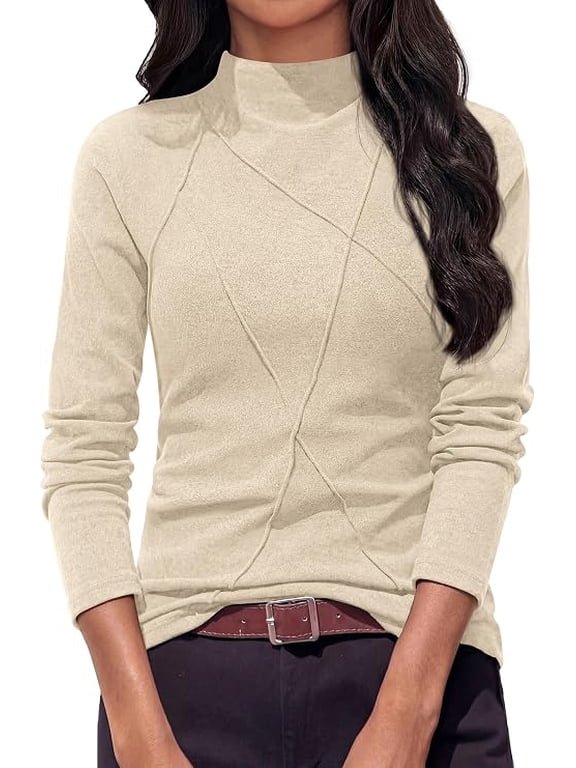 Women's Fall Mock Neck Long Sleeve Shirts | Soft Stretchy Knit,Geometric Seam Stitching,Slim Fitted Basic Tees,Thermal Casual Wear,Daily Work Layering Winter Tunic Top