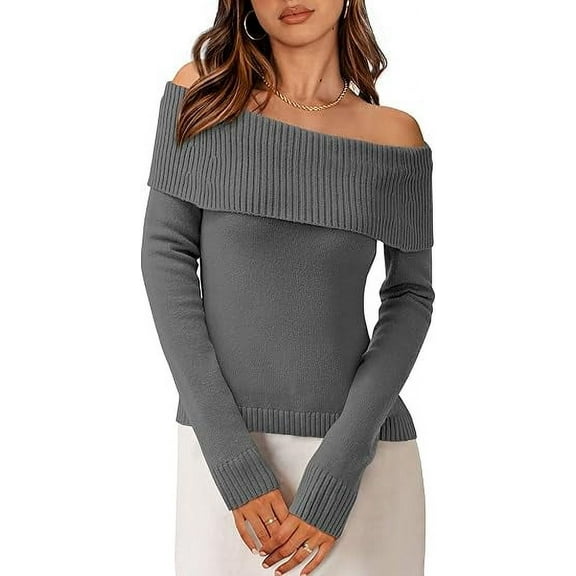 PRETTYGARDEN Women's Fall Off Shoulder Sweaters Y2K Long Sleeve Ribbed Knit Fitted Pullover Winter Date Night Tops Blouse
