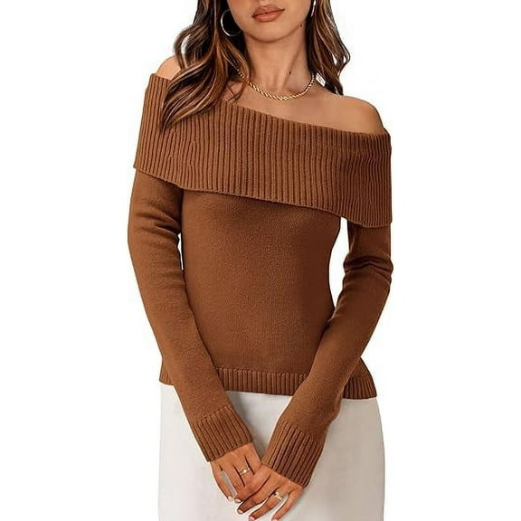 PRETTYGARDEN Women's Fall Off Shoulder Sweaters Y2K Long Sleeve Ribbed Knit Fitted Pullover Winter Date Night Tops Blouse