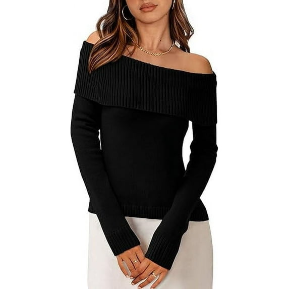PRETTYGARDEN Women's Fall Off Shoulder Sweaters Y2K Long Sleeve Ribbed Knit Fitted Pullover Winter Date Night Tops Blouse