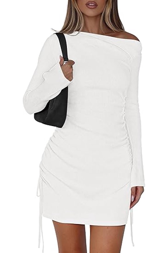 Women's Fall Off The Shoulder Dresses Casual Long Sleeve Ruched Side Slit Cocktail Party Bodycon Mini Dress