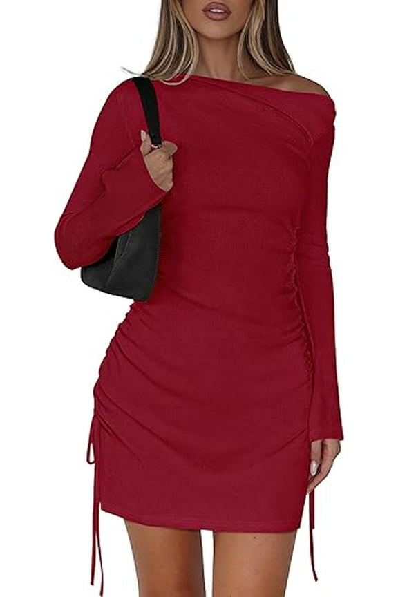 Women's Fall Off The Shoulder Dresses Casual Long Sleeve Ruched Side Slit Cocktail Party Bodycon Mini Dress