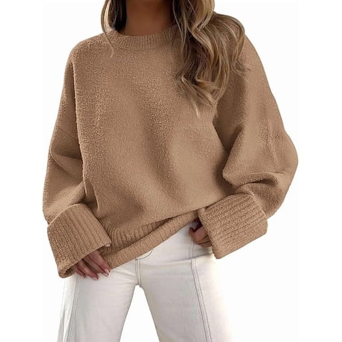Women's Fall Oversized Sweaters Casual Crewneck Pullover Long Sleeve Fuzzy Chunky Knit Tops Blouse、