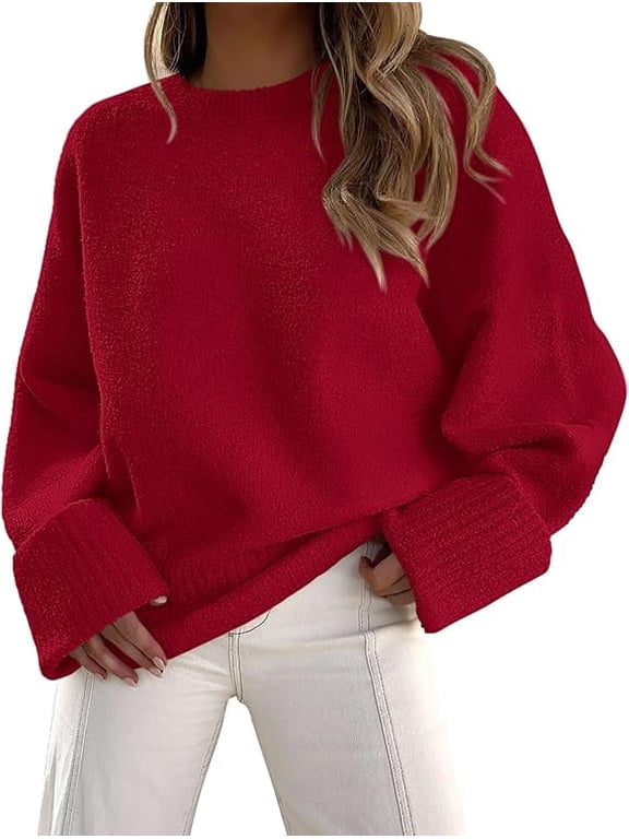 Women's Fall Oversized Sweaters Casual Crewneck Pullover Long Sleeve Fuzzy Chunky Knit Tops Blouse、