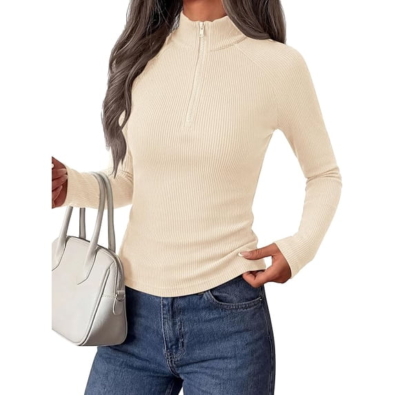 PRETTYGARDEN Women's Fall Quarter Zip Long Sleeve Shirts Soft Stretchy Ribbed Knit, Collared Zipper Slim Fitted, Raglan Sleeves Pullover, Dressy Casual Tops, Trendy Going Out Outfits