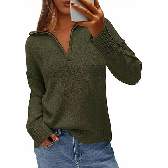 PRETTYGARDEN Women's Fall Quarter Zip Pullover Sweaters Dressy Casual Long Sleeve V Neck Collared Knit Jumper Tops