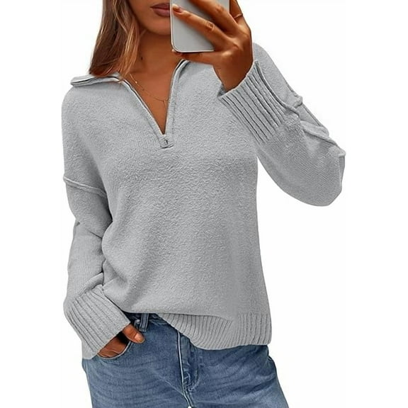 PRETTYGARDEN Women's Fall Quarter Zip Pullover Sweaters Dressy Casual Long Sleeve V Neck Collared Knit Jumper Tops