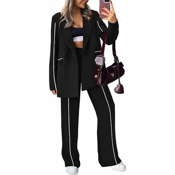 PRETTYGARDEN Women's Fall Spring 2 Piece Blazer Outfits Business Casual Oversized Jacket Wide Leg Work Pants Dressy Suit Set
