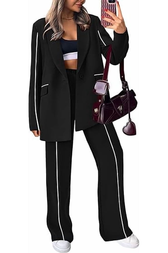 Women's Fall Spring 2 Piece Blazer Outfits Business Casual Oversized Jacket Wide Leg Work Pants Dressy Suit Set