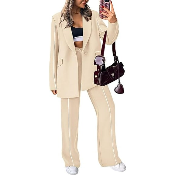 PRETTYGARDEN Women's Fall Spring 2 Piece Blazer Outfits Business Casual Oversized Jacket Wide Leg Work Pants Dressy Suit Set