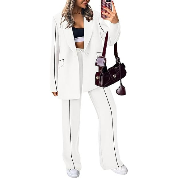 PRETTYGARDEN Women's Fall Spring 2 Piece Blazer Outfits Business Casual Oversized Jacket Wide Leg Work Pants Dressy Suit Set