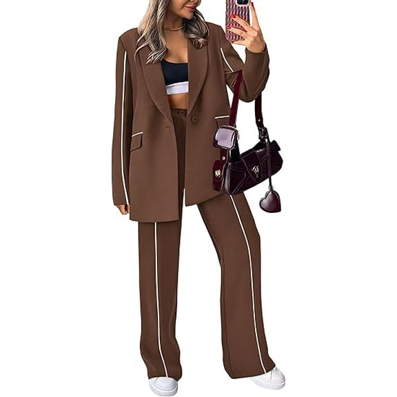 PRETTYGARDEN Women's Fall Spring 2 Piece Blazer Outfits Business Casual Oversized Jacket Wide Leg Work Pants Dressy Suit Set