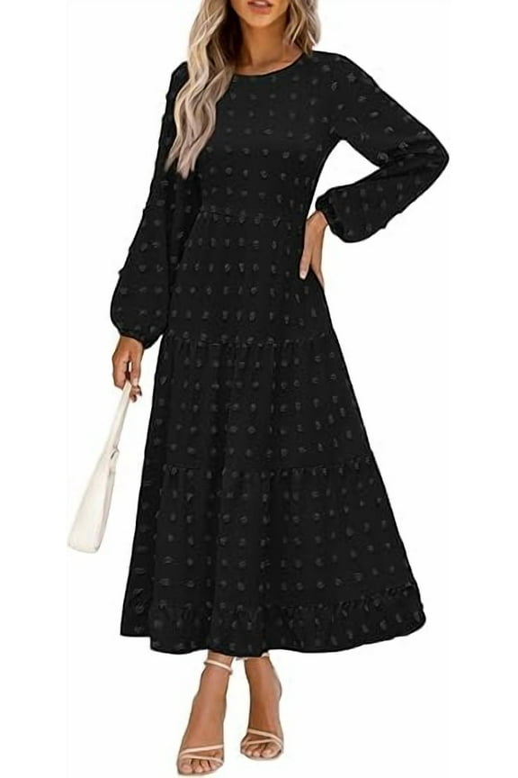 Women's Fall Spring Elegant Long Sleeve Maxi Dress Swiss Dot A Line Flowy Casual Holiday Party Going Out Dresses
