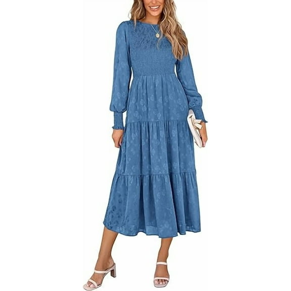 PRETTYGARDEN Women's Fall Spring Midi Dress Long Sleeve Floral Smocked Elegant Wedding Guest Long Flowy Dresses with Pockets