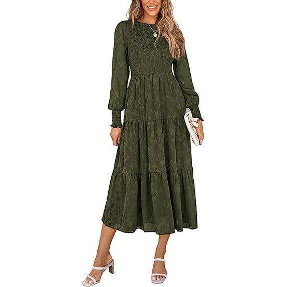 PRETTYGARDEN Women's Fall Spring Midi Dress Long Sleeve Floral Smocked Elegant Wedding Guest Long Flowy Dresses with Pockets