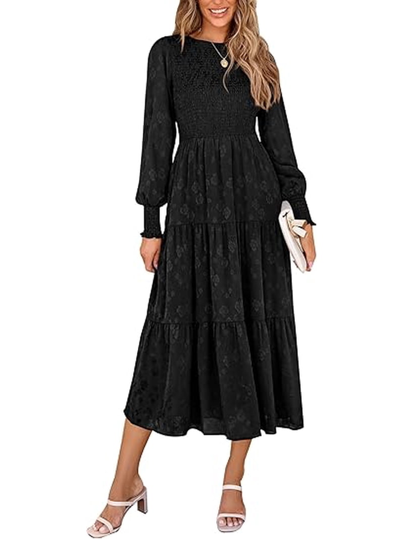 long sleeve midi dress for wedding guest Szxzygs Dresses Women Summer with Sleeves Women Fashion Boho Maxi V Neck Flowy Slit Party Dresses Wedding this dress offers a flattering fit and timeless appeal Midi Dress Long Sleeve Black