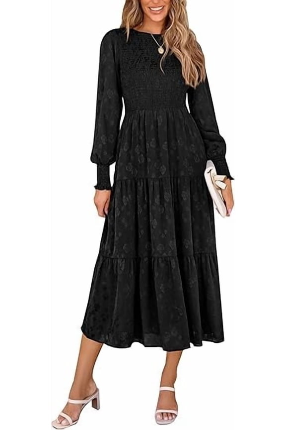 Women's Fall Spring Midi Dress Long Sleeve Floral Smocked Elegant Wedding Guest Long Flowy Dresses with Pockets