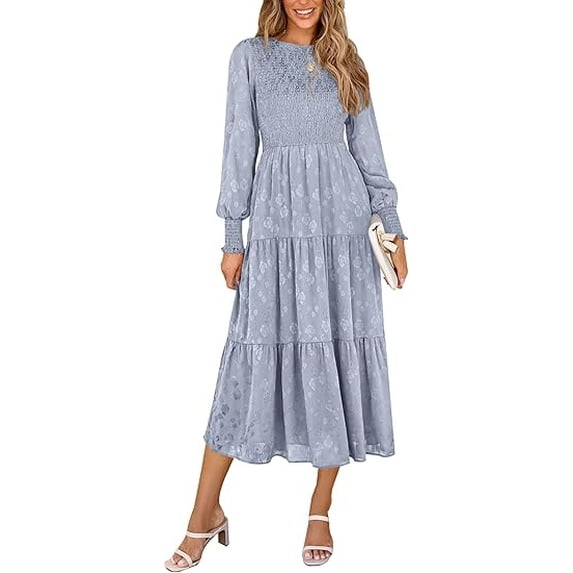 PRETTYGARDEN Women's Fall Spring Midi Dress Long Sleeve Floral Smocked Elegant Wedding Guest Long Flowy Dresses with Pockets