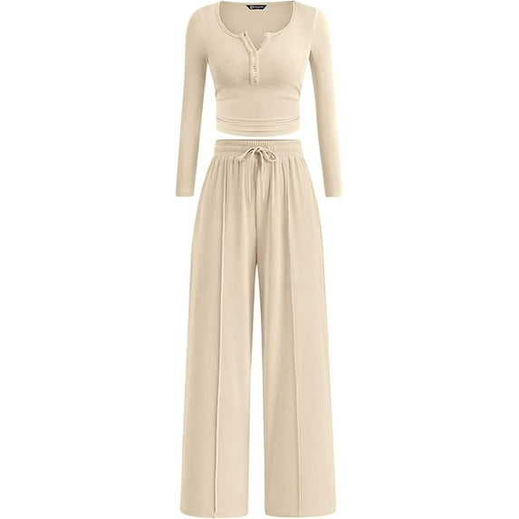PRETTYGARDEN Women's Fall Trendy 2 Piece Outfits Lounge Sets Long Sleeve Top Henley Shirts Wide Leg Pants Travel Clothes