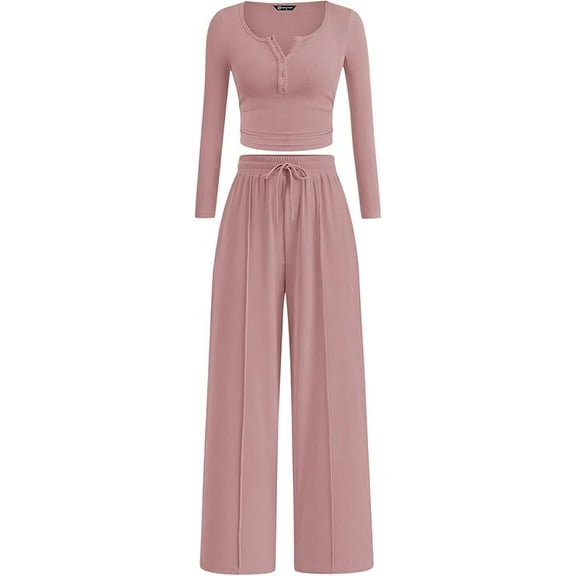 PRETTYGARDEN Women's Fall Trendy 2 Piece Outfits Lounge Sets Long Sleeve Top Henley Shirts Wide Leg Pants Travel Clothes