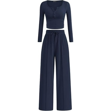 PRETTYGARDEN Women's Fall Trendy 2 Piece Outfits Lounge Sets Long Sleeve Top Henley Shirts Wide Leg Pants Travel Clothes