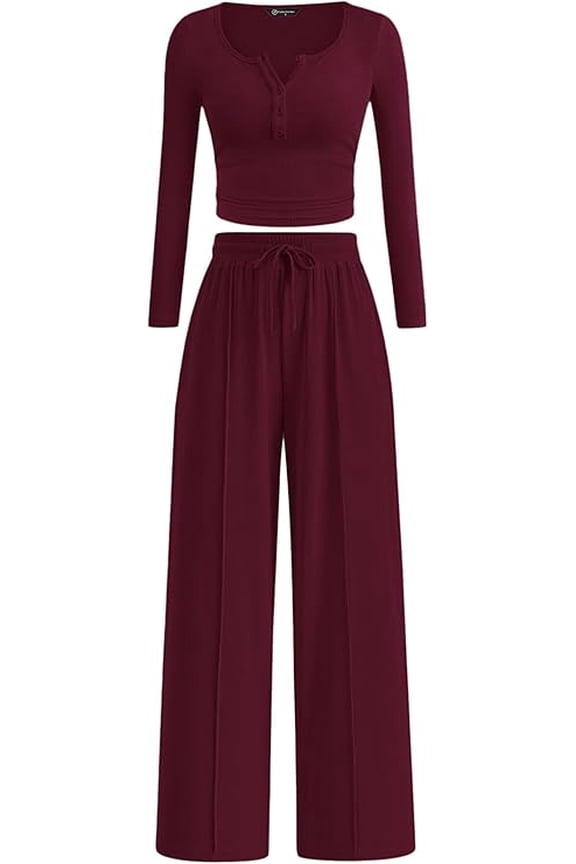 Women's Fall Trendy 2 Piece Outfits Lounge Sets Long Sleeve Top Henley Shirts Wide Leg Pants Travel Clothes