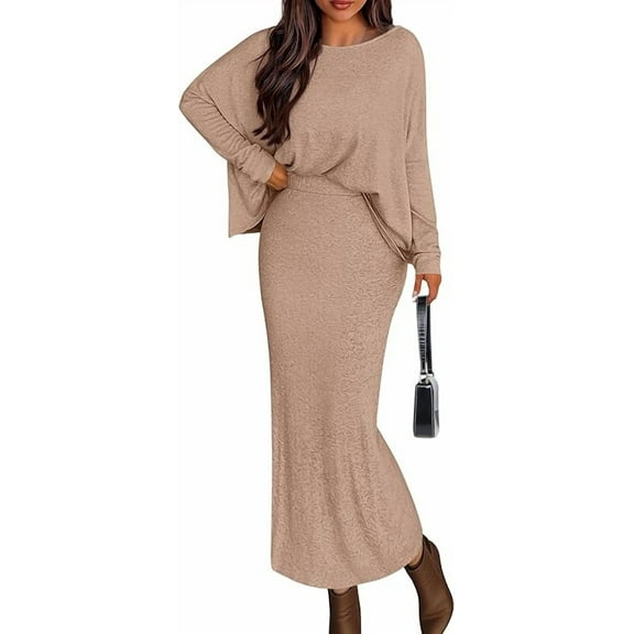 PRETTYGARDEN Women's Fall Two Piece Matching Skirt Sets Long Sleeve Tops Maxi Long Slit Bodycon Skirts Vacation Outfits